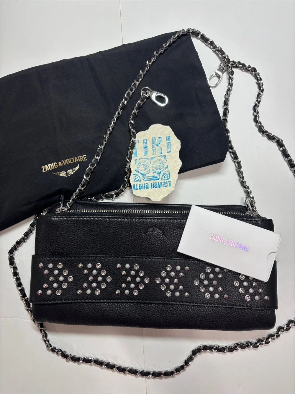 Zadig & Voltaire Black Leather Studded Chain Convertible Purse Clutch